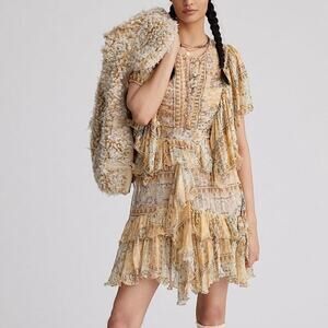 Anthro Mes Demoiselles Metallic Gold Floral Mini Dress Ruffled Chiffon 4 New